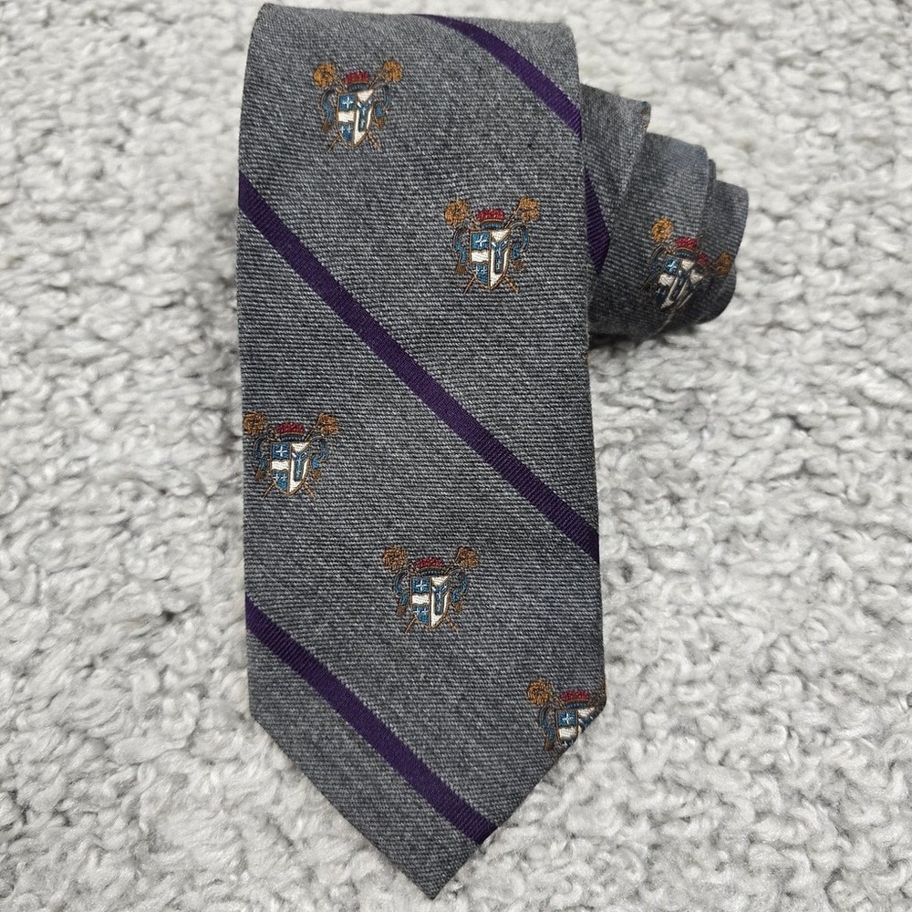 Hickey Freeman Necktie Mens Grey‎ Purple Crest Stripe Silk Wool Preppy Classic